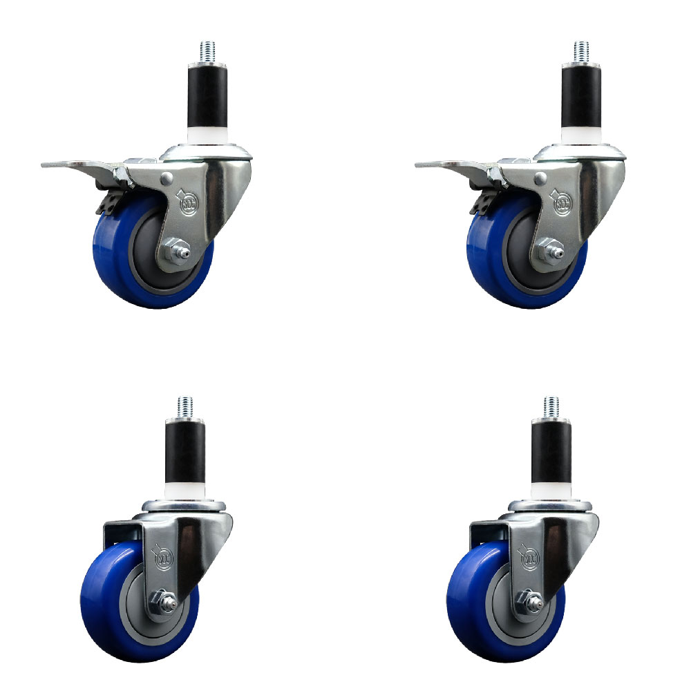 Stainless Steel Polyurethane Swivel Expanding Stem Caster Set of 4 with 3 Inch Blue Wheels and 1-3/8" Stems - Includes 2 with Total Locking Brakes - 1200 lbs Total Capacity - Service Caster Brand — photo 1