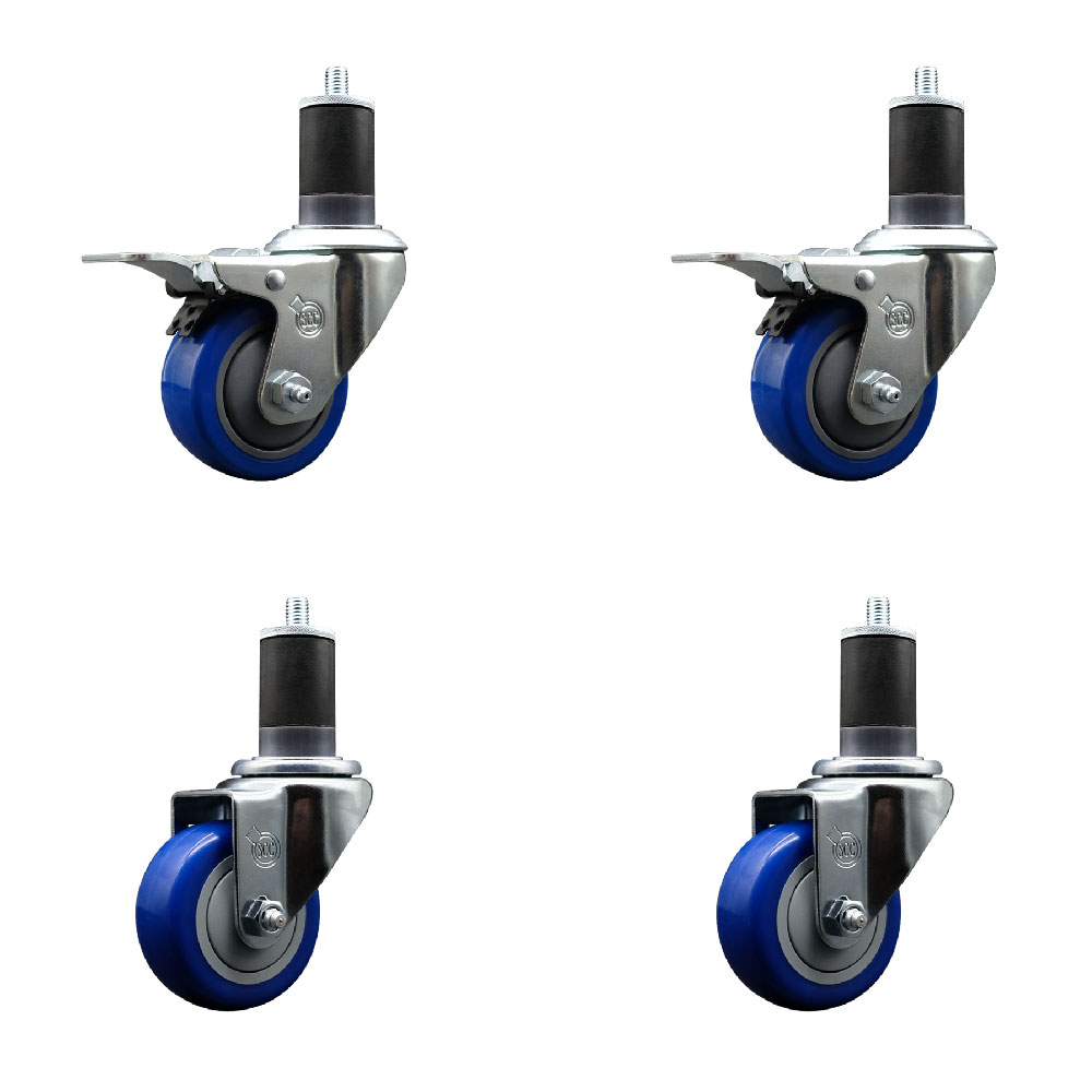 Stainless Steel Polyurethane Swivel Expanding Stem Caster Set of 4 with 3 Inch Blue Wheels and 1-5/8" Stems - Includes 2 with Total Locking Brakes - 1200 lbs Total Capacity - Service Caster Brand — photo 1