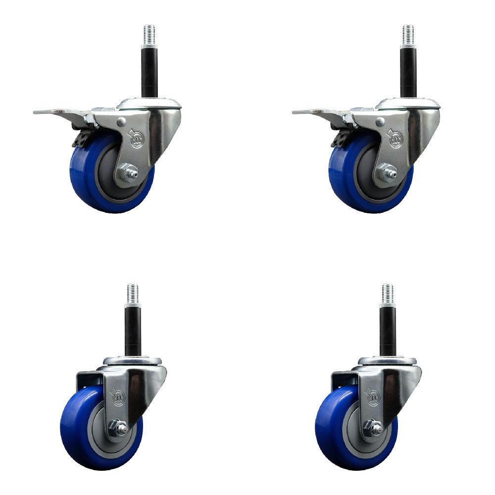 Stainless Steel Polyurethane Swivel Expanding Stem Caster Set of 4 with 3 Inch Blue Wheels and 3/4" Stems - Includes 2 with Total Locking Brakes - 1200 lbs Total Capacity - Service Caster Brand — photo 1