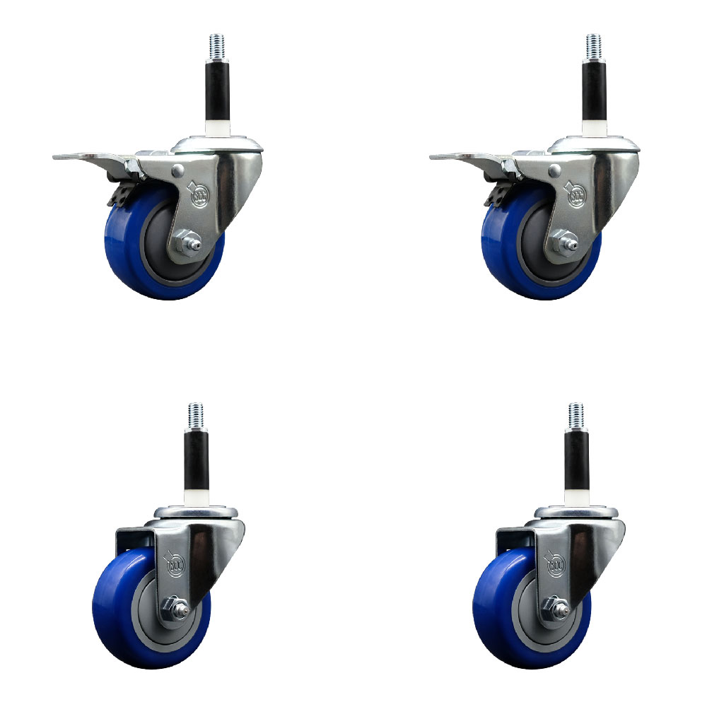 Stainless Steel Polyurethane Swivel Expanding Stem Caster Set of 4 with 3 Inch Blue Wheels and 7/8" Stems - Includes 2 with Total Locking Brakes - 1200 lbs Total Capacity - Service Caster Brand — photo 1