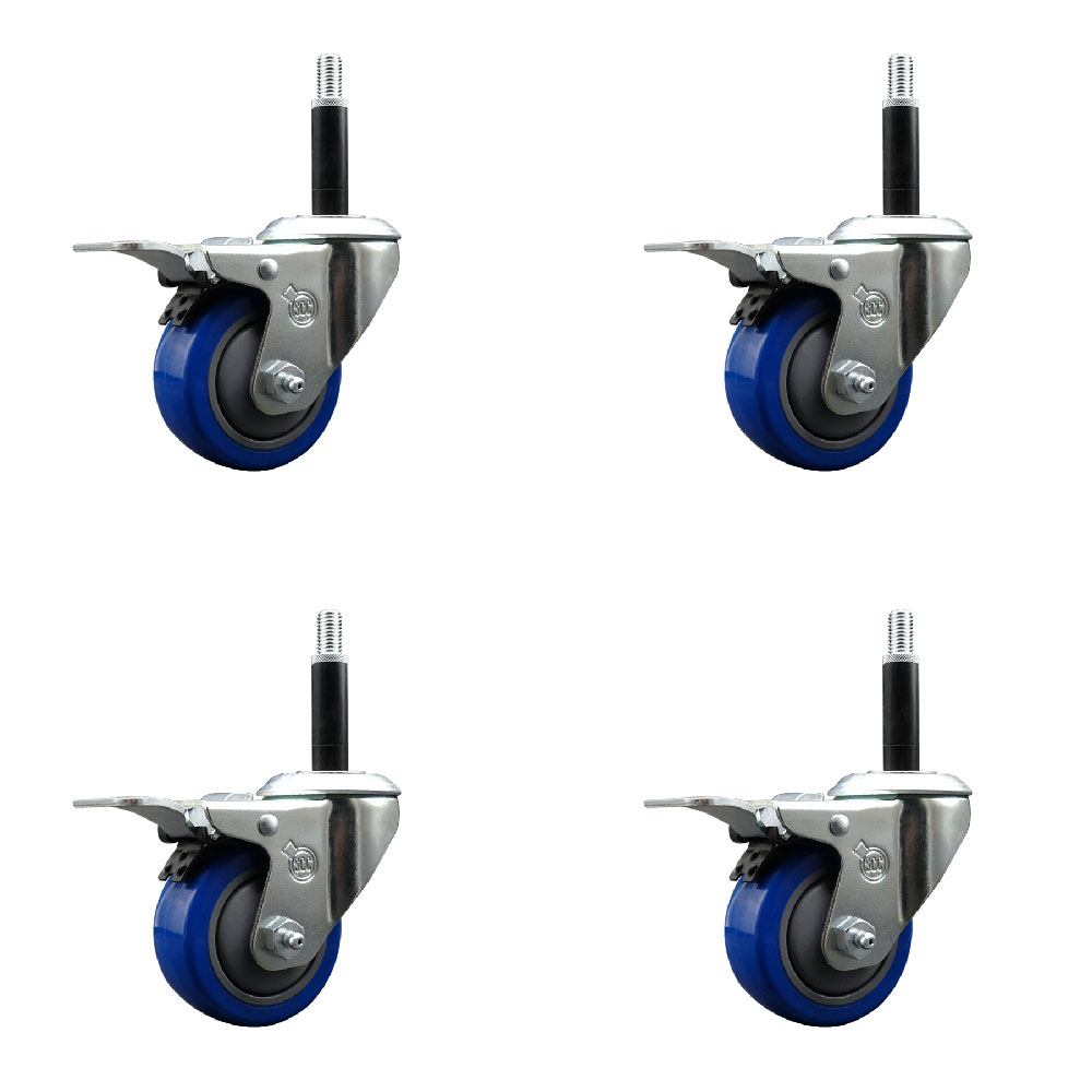 Stainless Steel Polyurethane Swivel Expanding Stem Caster Set of 4 with 3 Inch Blue Wheels and 3/4" Stems - 4 Swivel with Total Locking Brakes - 300 lbs. Capacity Per Caster - Service Caster Brand — photo 1