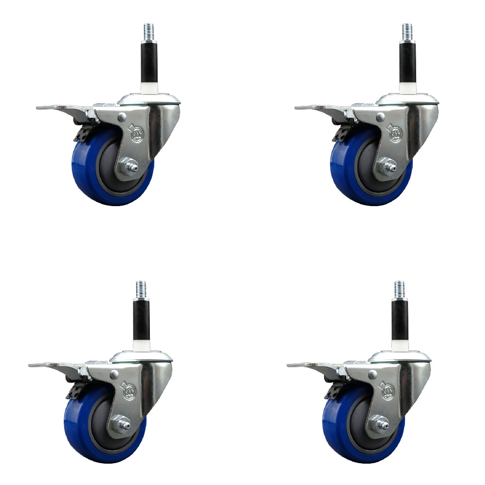 Stainless Steel Polyurethane Swivel Expanding Stem Caster Set of 4 with 3 Inch Blue Wheels and 7/8" Stems - 4 Swivel with Total Locking Brakes - 300 lbs. Capacity Per Caster - Service Caster Brand — photo 1