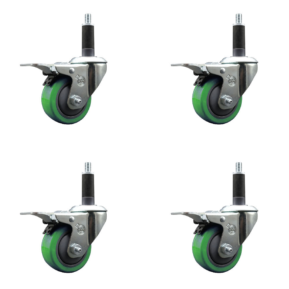 Polyurethane Swivel Expanding Stem Caster Set of 4 with 3 Inch Green Wheels and 1" Stems - Includes 4 Swivel with Total Locking Brakes - 300 lbs. Capacity Per Caster - Service Caster Brand — photo 1