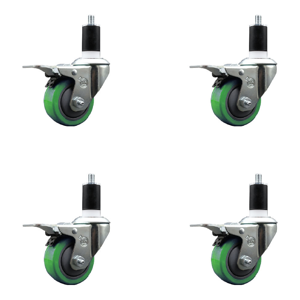 Polyurethane Swivel Expanding Stem Caster Set of 4 with 3 Inch Green Wheels and 1-1/2" Stems - Includes 4 Swivel with Total Locking Brakes - 300 lbs. Capacity Per Caster - Service Caster Brand — photo 1