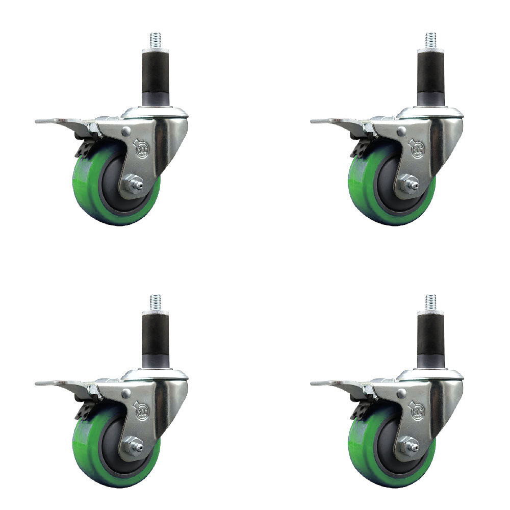 Polyurethane Swivel Expanding Stem Caster Set of 4 with 3 Inch Green Wheels and 1-1/4" Stems - Includes 4 Swivel with Total Locking Brakes - 300 lbs. Capacity Per Caster - Service Caster Brand — photo 1