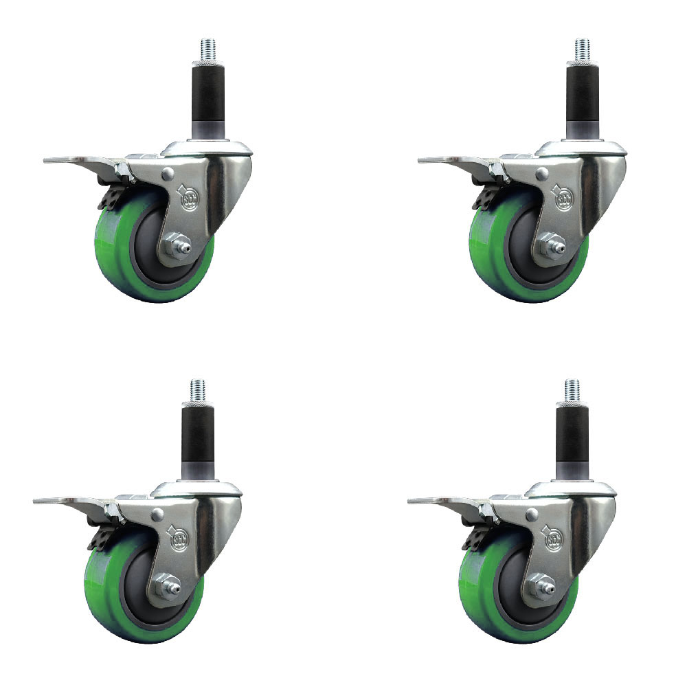 Polyurethane Swivel Expanding Stem Caster Set of 4 with 3 Inch Green Wheels and 1-1/8" Stems - Includes 4 Swivel with Total Locking Brakes - 300 lbs. Capacity Per Caster - Service Caster Brand — photo 1