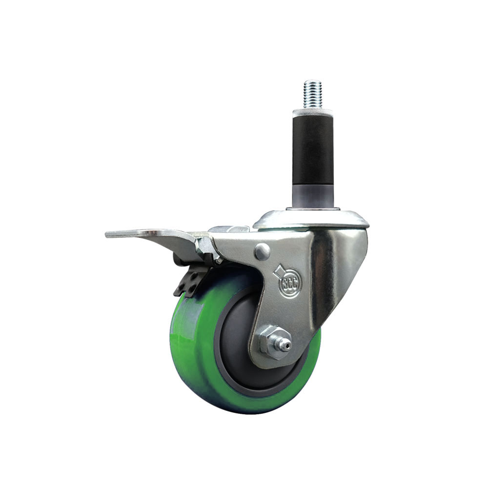 Polyurethane Expanding Stem Swivel Caster with 3 Inch Green Wheel and 1-1/8" Stem & Total Locking Brake - 300 lbs. Capacity Per Caster - Service Caster Brand — photo 1