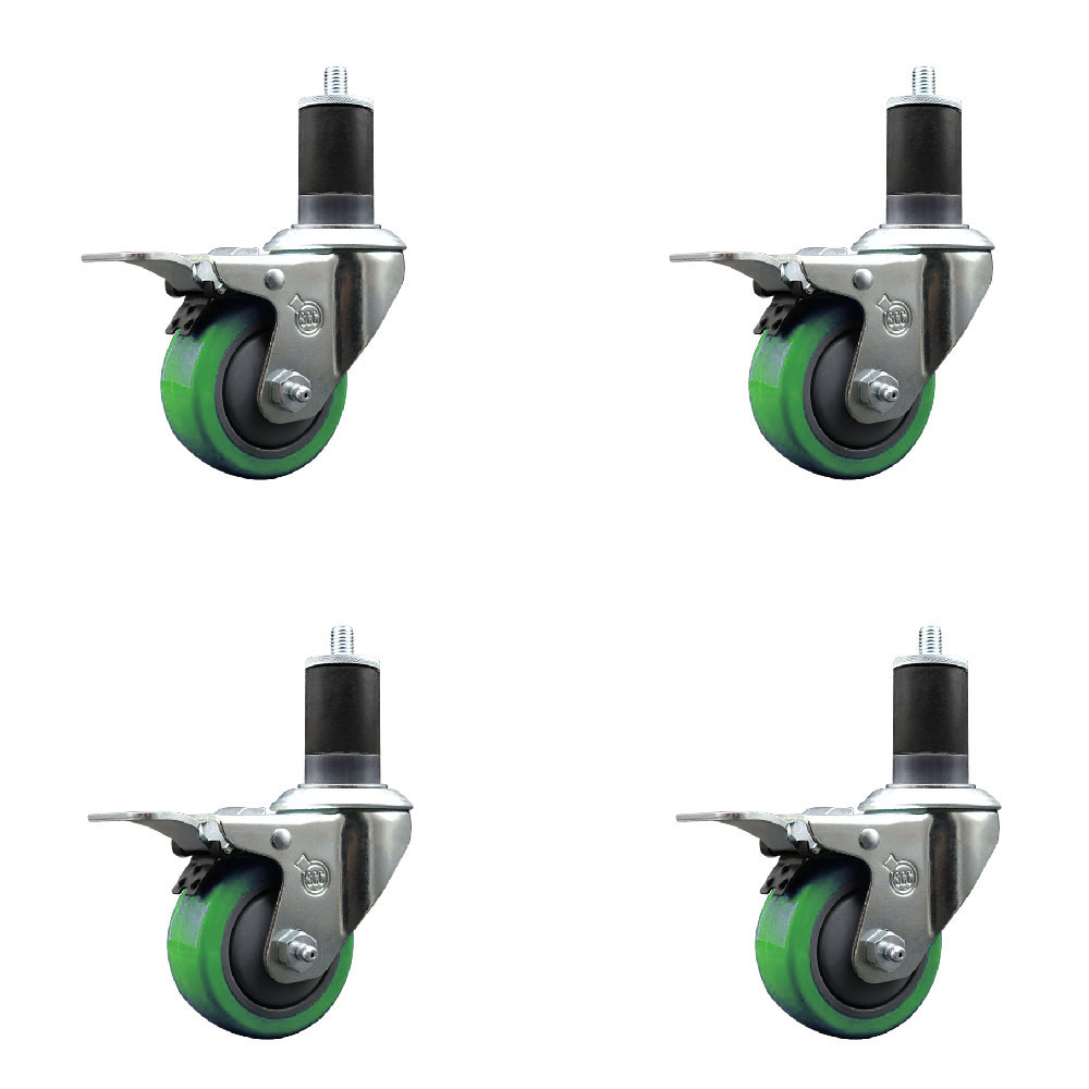 Polyurethane Swivel Expanding Stem Caster Set of 4 with 3 Inch Green Wheels and 1-5/8" Stems - Includes 4 Swivel with Total Locking Brakes - 300 lbs. Capacity Per Caster - Service Caster Brand — photo 1