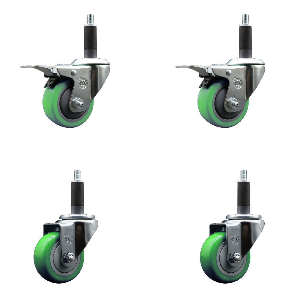 Stainless Steel Polyurethane Swivel Expanding Stem Caster Set of 4 with 3 Inch Green Wheels and 1-3/4" Stems - Includes 2 with Total Locking Brakes - 1200 lbs Total Capacity - Service Caster Brand — photo 1
