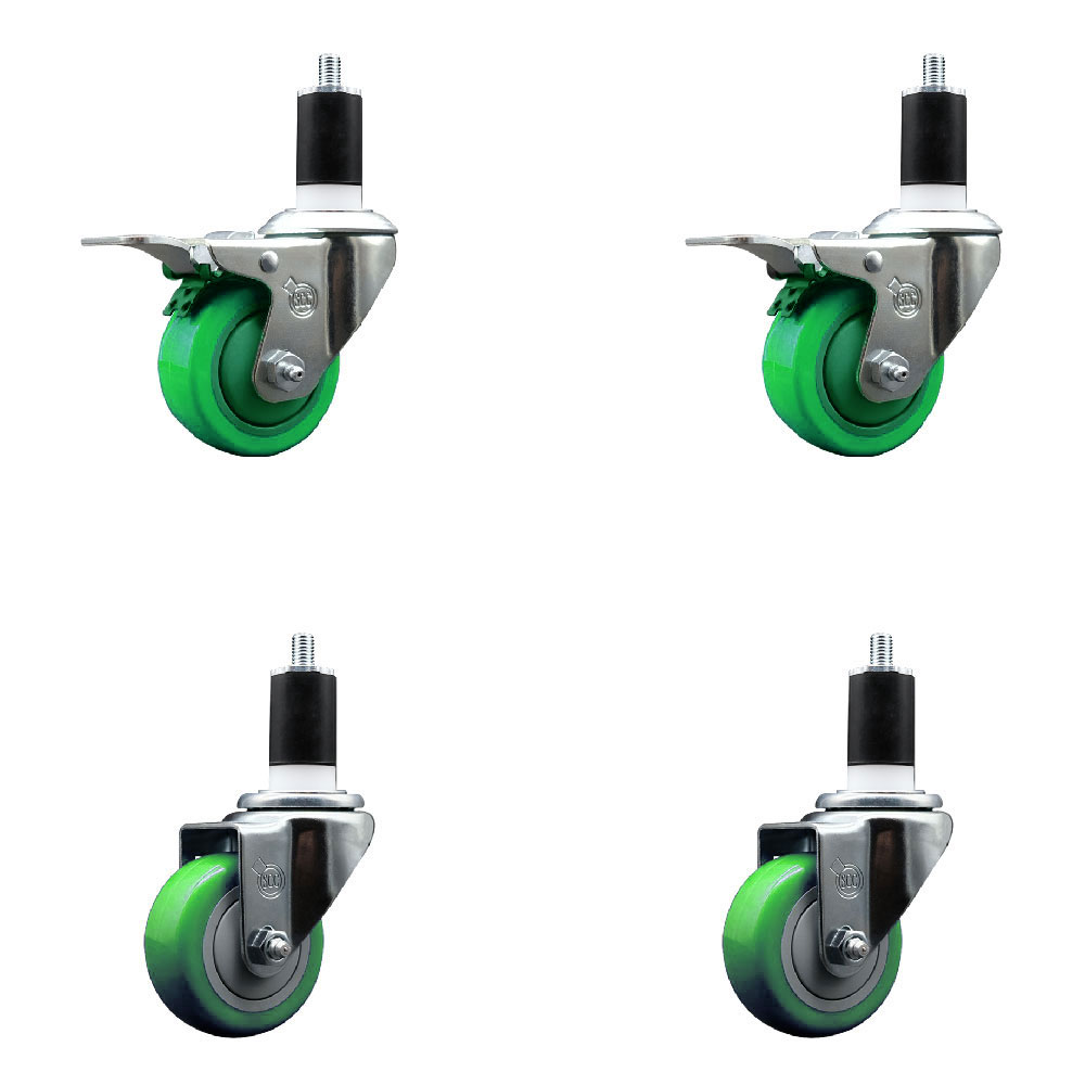 Stainless Steel Polyurethane Swivel Expanding Stem Caster Set of 4 with 3 Inch Green Wheels and 1-1/2" Stems - Includes 2 with Total Locking Brakes - 1200 lbs Total Capacity - Service Caster Brand — photo 1