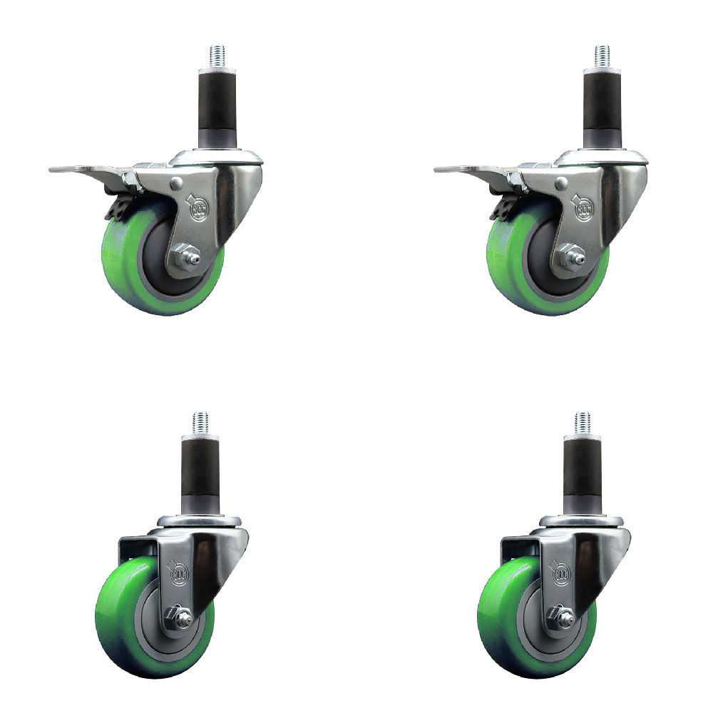 Polyurethane Swivel Expanding Stem Caster Set of 4 with 3 Inch Green Wheels and 1-1/4" Stems - Includes 2 with Total Locking Brakes - 1200 lbs Total Capacity - Service Caster Brand — photo 1