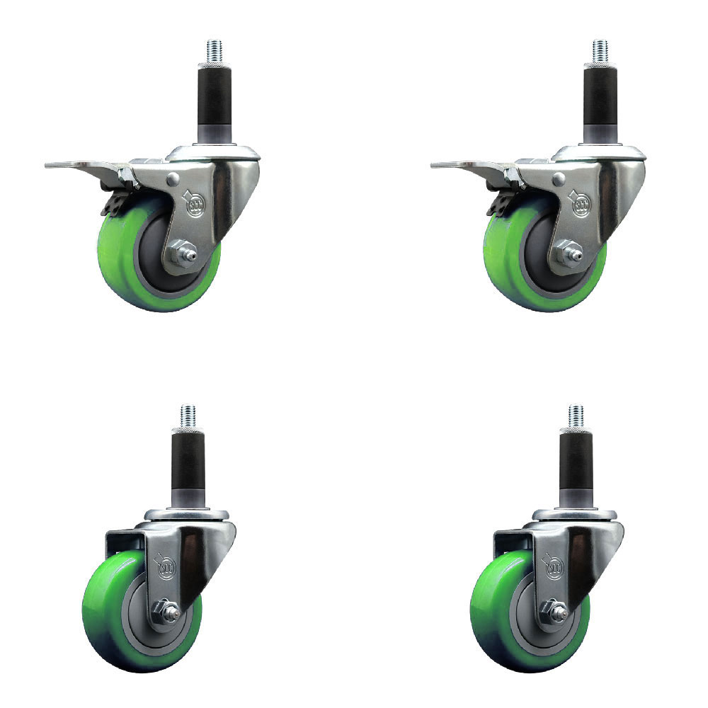 Stainless Steel Polyurethane Swivel Expanding Stem Caster Set of 4 with 3 Inch Green Wheels and 1-1/8" Stems - Includes 2 with Total Locking Brakes - 1200 lbs Total Capacity - Service Caster Brand — photo 1