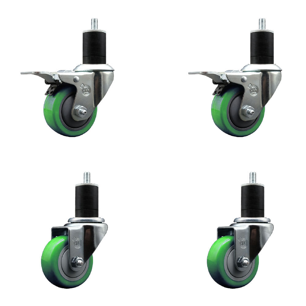 Polyurethane Swivel Expanding Stem Caster Set of 4 with 3 Inch Green Wheels and 1-3/4" Stems - Includes 2 with Total Locking Brakes - 1200 lbs Total Capacity - Service Caster Brand — photo 1