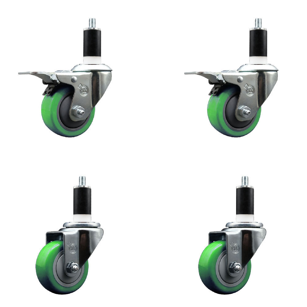 Stainless Steel Polyurethane Swivel Expanding Stem Caster Set of 4 with 3 Inch Green Wheels and 1-3/8" Stems - Includes 2 with Total Locking Brakes - 1200 lbs Total Capacity - Service Caster Brand — photo 1
