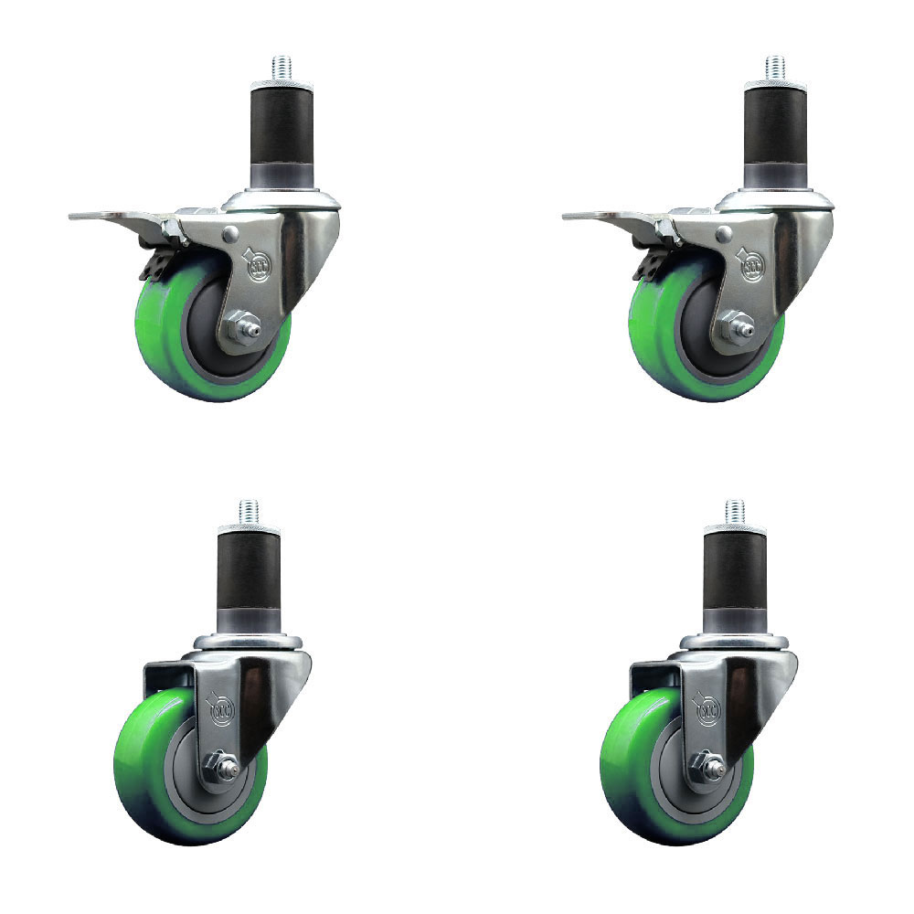 Stainless Steel Polyurethane Swivel Expanding Stem Caster Set of 4 with 3 Inch Green Wheels and 1-5/8" Stems - Includes 2 with Total Locking Brakes - 1200 lbs Total Capacity - Service Caster Brand — photo 1