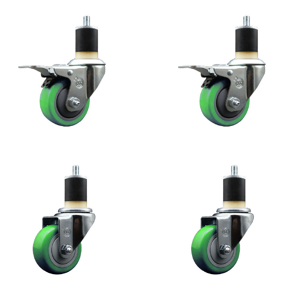 Stainless Steel Polyurethane Swivel Expanding Stem Caster Set of 4 with 3 Inch Green Wheels and 1-7/8" Stems - Includes 2 with Total Locking Brakes - 1200 lbs Total Capacity - Service Caster Brand — photo 1