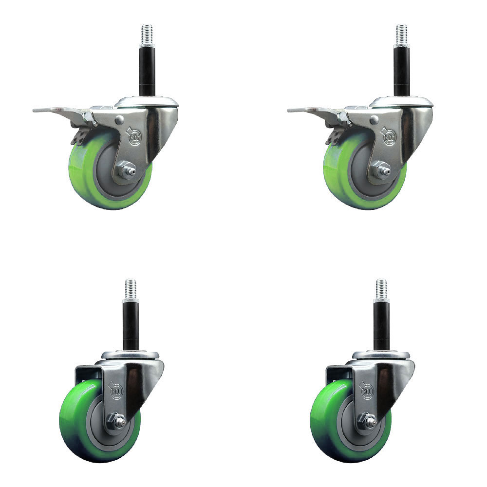 Stainless Steel Polyurethane Swivel Expanding Stem Caster Set of 4 with 3 Inch Green Wheels and 3/4" Stems - Includes 2 with Total Locking Brakes - 1200 lbs Total Capacity - Service Caster Brand — photo 1
