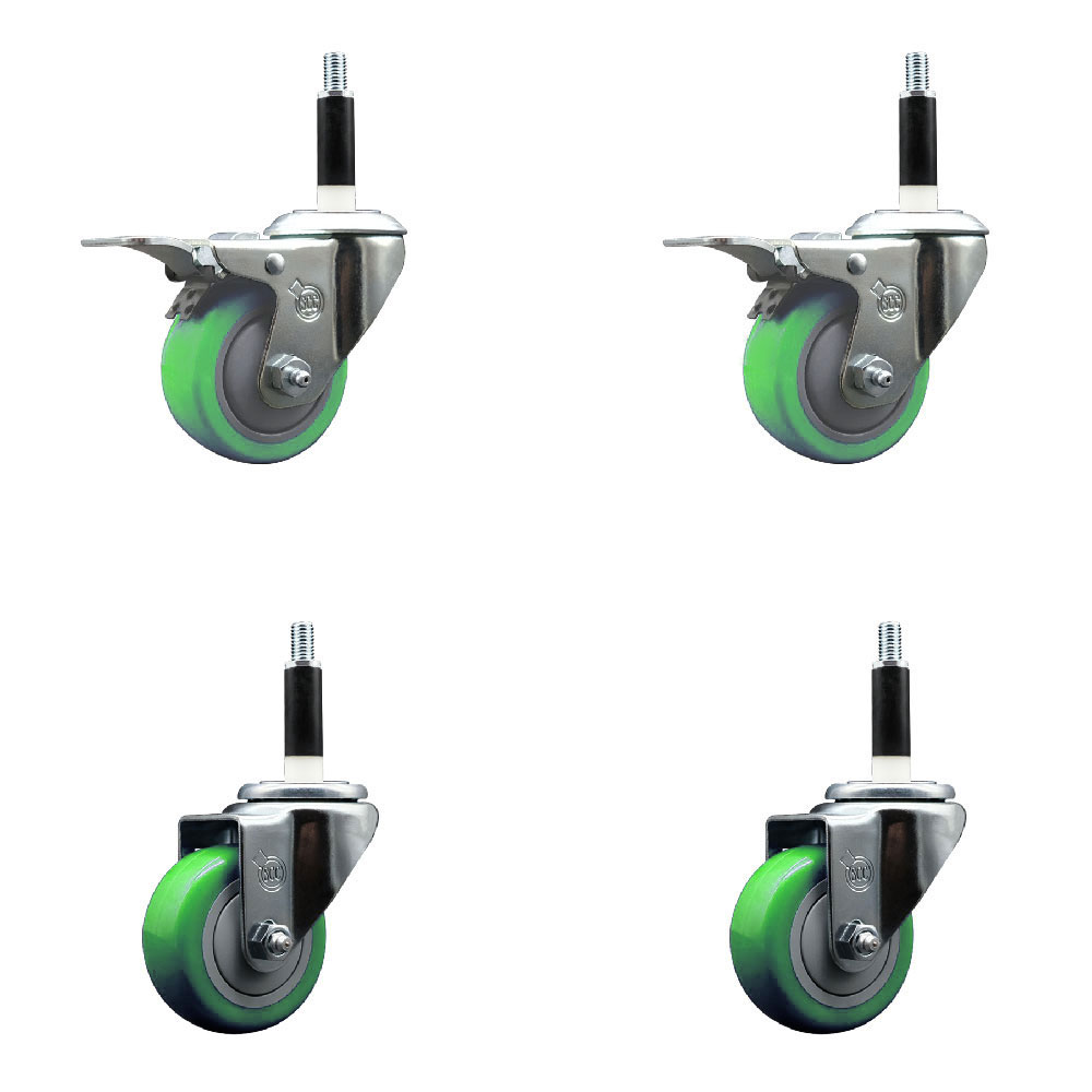 Polyurethane Swivel Expanding Stem Caster Set of 4 with 3 Inch Green Wheels and 7/8" Stems - Includes 2 with Total Locking Brakes - 1200 lbs Total Capacity - Service Caster Brand — photo 1