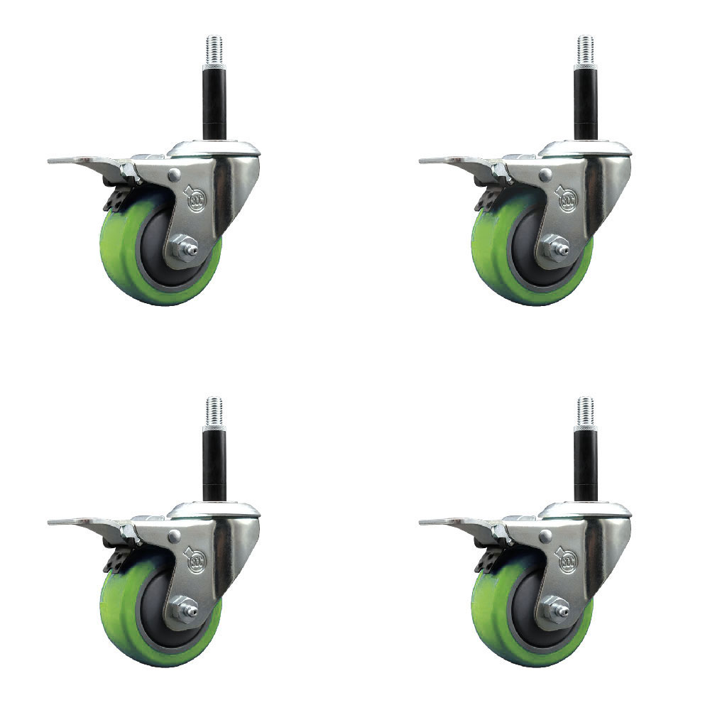 Polyurethane Swivel Expanding Stem Caster Set of 4 with 3 Inch Green Wheels and 3/4" Stems - Includes 4 Swivel with Total Locking Brakes - 300 lbs. Capacity Per Caster - Service Caster Brand — photo 1