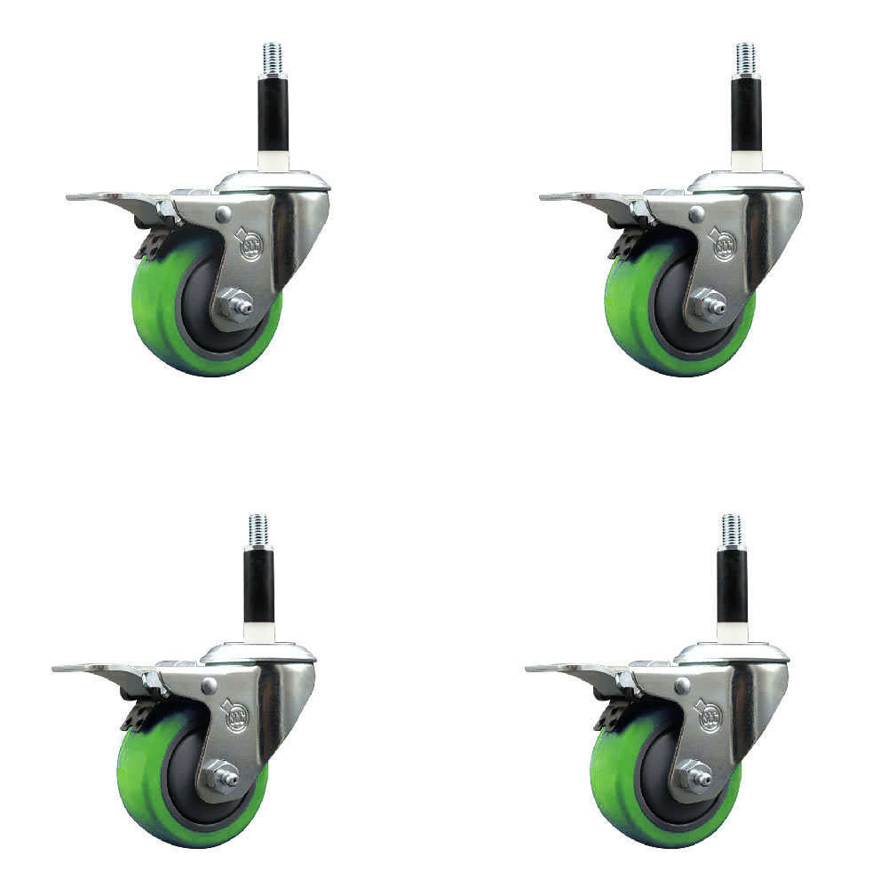 Stainless Steel Polyurethane Swivel Expanding Stem Caster Set of 4 with 3 Inch Green Wheels and 7/8" Stems-Includes 4 Swivel with Total Locking Brakes-300 lbs. Capacity Per Caster-Service Caster Brand — photo 1