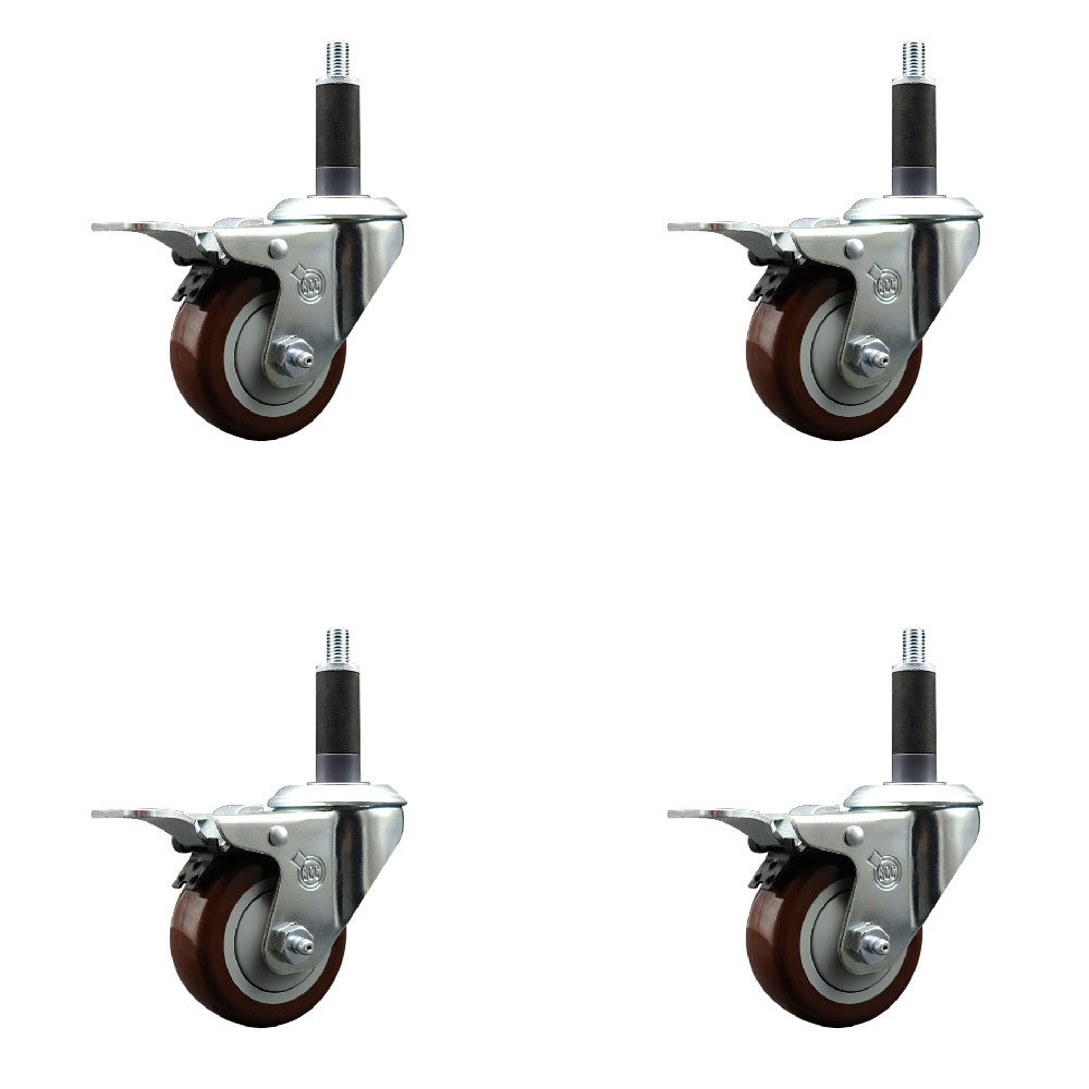 Stainless Steel Polyurethane Swivel Expanding Stem Caster Set of 4 with 3 Inch Maroon Wheels and 1" Stems - 4 Swivel with Total Locking Brakes - 300 lbs. Capacity Per Caster - Service Caster Brand — photo 1
