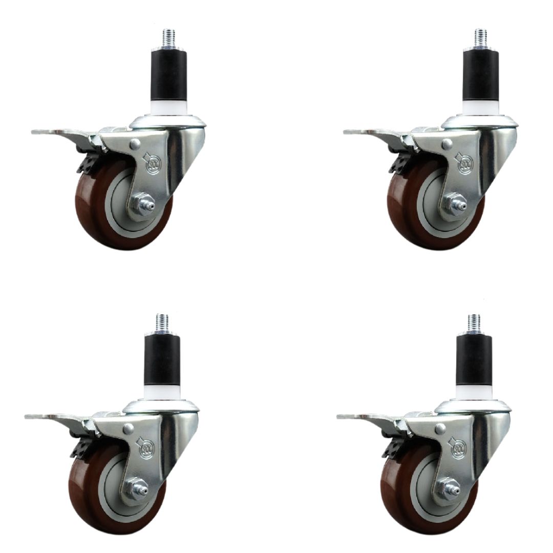 Polyurethane Swivel Expanding Stem Caster Set of 4 with 3 Inch Maroon Wheels and 1-1/2" Stems - Includes 4 Swivel with Total Locking Brakes - 300 lbs. Capacity Per Caster - Service Caster Brand — photo 1