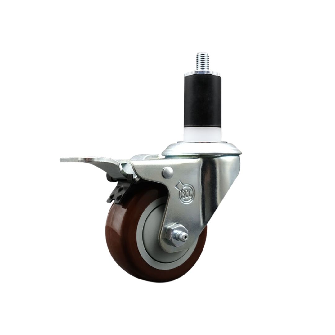 Stainless Steel Polyurethane Expanding Stem Swivel Caster with 3 Inch Maroon Wheel and 1-1/2" Stem & Total Locking Brake - 300 lbs. Capacity Per Caster - Service Caster Brand — photo 1