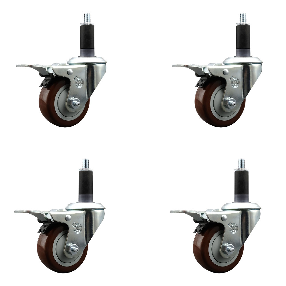 Polyurethane Swivel Expanding Stem Caster Set of 4 with 3 Inch Maroon Wheels and 1-1/8" Stems - Includes 4 Swivel with Total Locking Brakes - 300 lbs. Capacity Per Caster - Service Caster Brand — photo 1