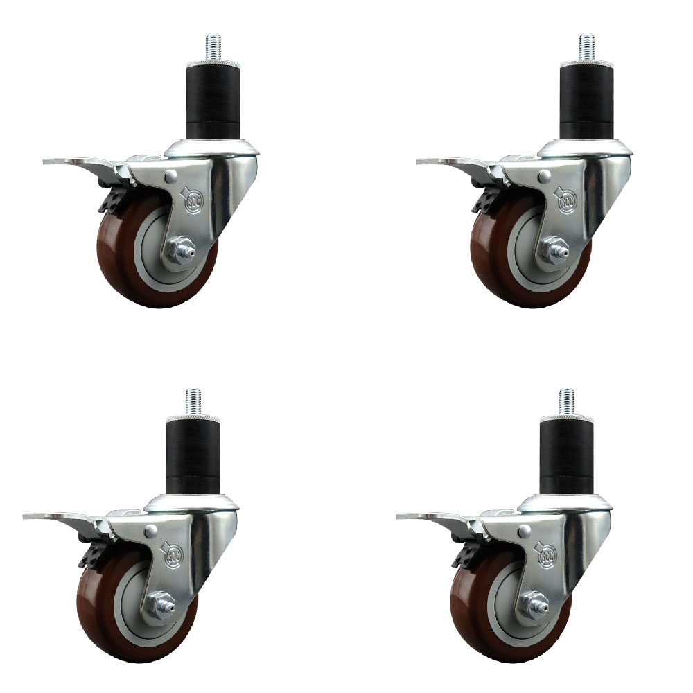 Polyurethane Swivel Expanding Stem Caster Set of 4 with 3 Inch Maroon Wheels and 1-3/4" Stems - Includes 4 Swivel with Total Locking Brakes - 300 lbs. Capacity Per Caster - Service Caster Brand — photo 1