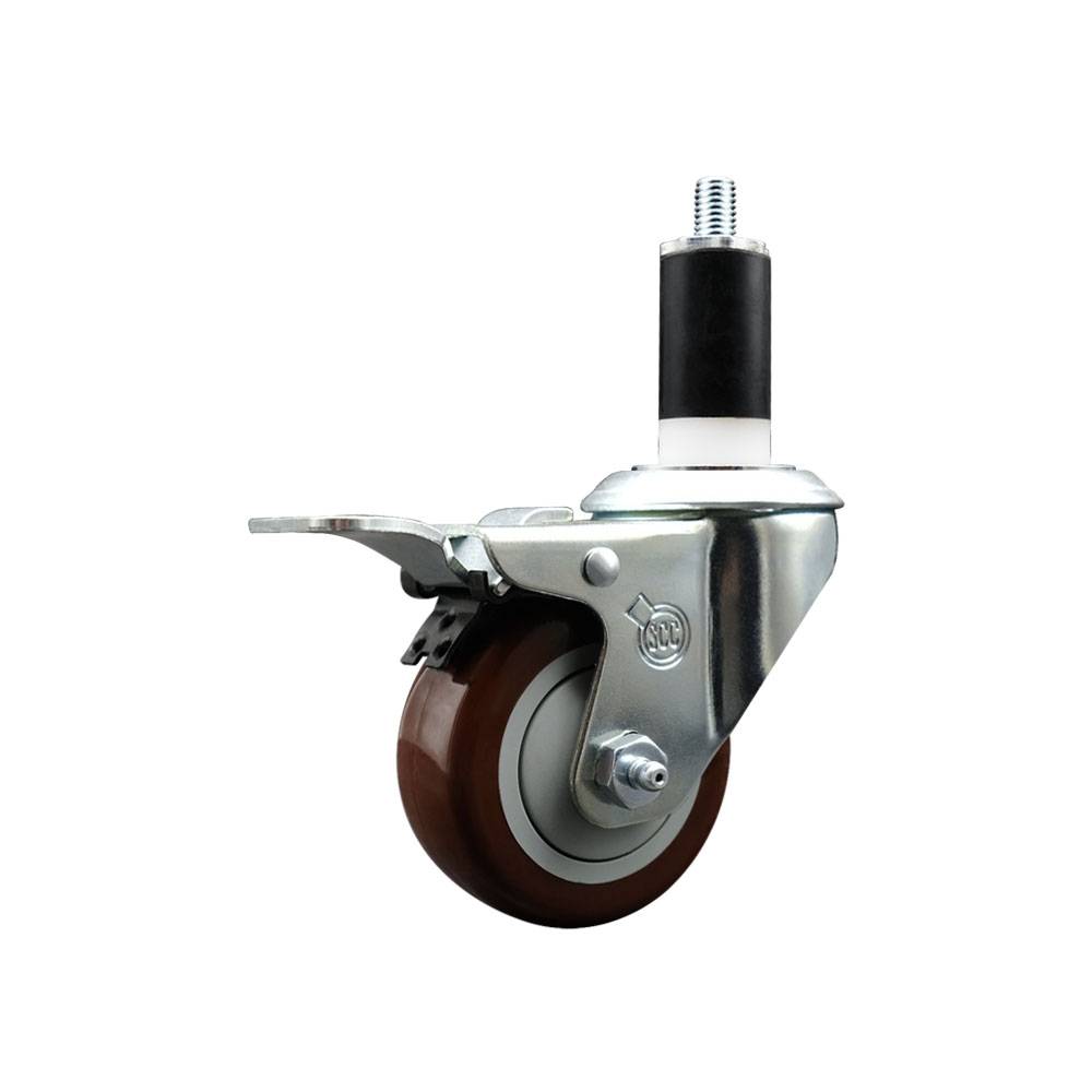 Polyurethane Expanding Stem Swivel Caster with 3 Inch Maroon Wheel and 1-3/8" Stem & Total Locking Brake - 300 lbs. Capacity Per Caster - Service Caster Brand — photo 1