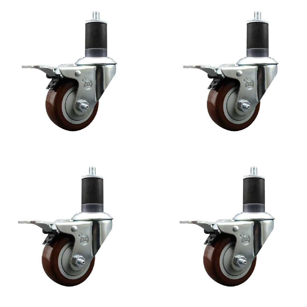 Stainless Steel Polyurethane Swivel Expanding Stem Caster Set of 4 with 3 Inch Maroon Wheels and 1-5/8" Stems - 4 Swivel with Total Locking Brakes - 300 lbs. Capacity Per Caster - Service Caster Brand — photo 1