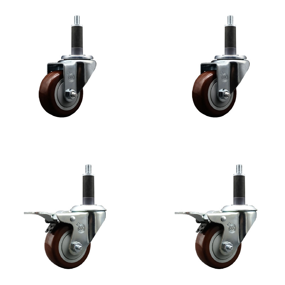 Polyurethane Swivel Expanding Stem Caster Set of 4 with 3 Inch Maroon Wheels and 1" Stems - Includes 2 with Total Locking Brakes - 1200 lbs Total Capacity - Service Caster Brand — photo 1