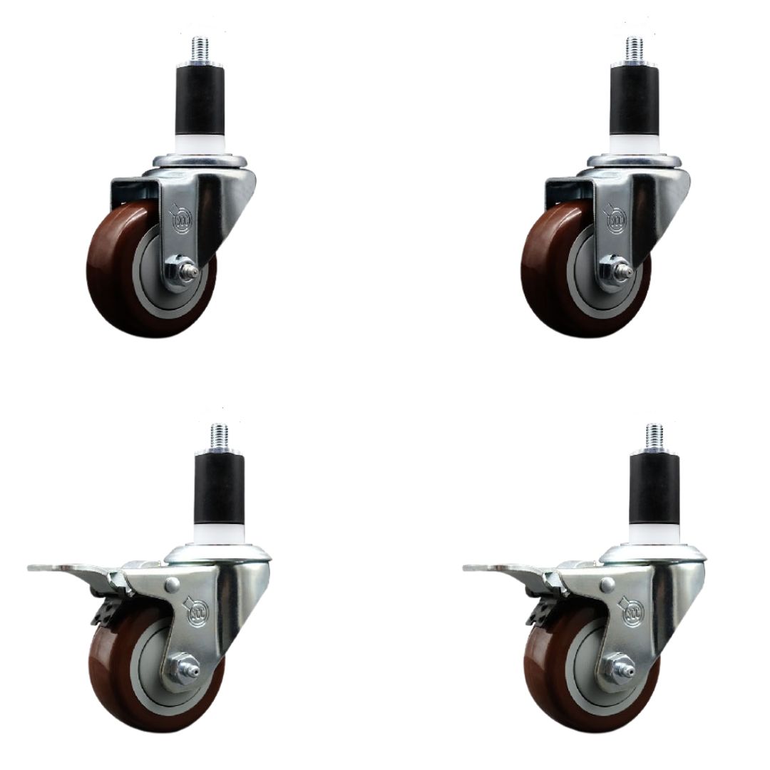 Stainless Steel Polyurethane Swivel Expanding Stem Caster Set of 4 with 3 Inch Maroon Wheels and 1-1/2" Stems - Includes 2 with Total Locking Brakes - 1200 lbs Total Capacity - Service Caster Brand — photo 1