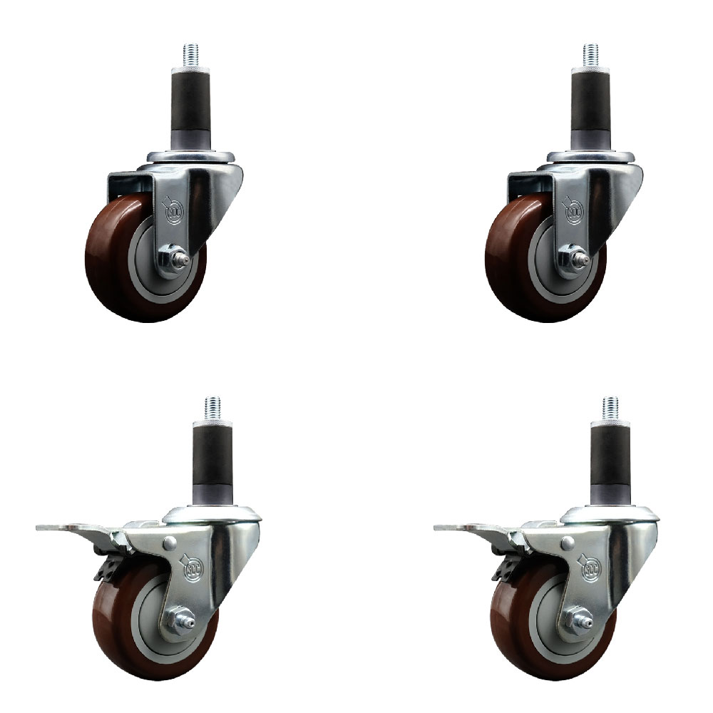 Polyurethane Swivel Expanding Stem Caster Set of 4 with 3 Inch Maroon Wheels and 1-1/4" Stems - Includes 2 with Total Locking Brakes - 1200 lbs Total Capacity - Service Caster Brand — photo 1