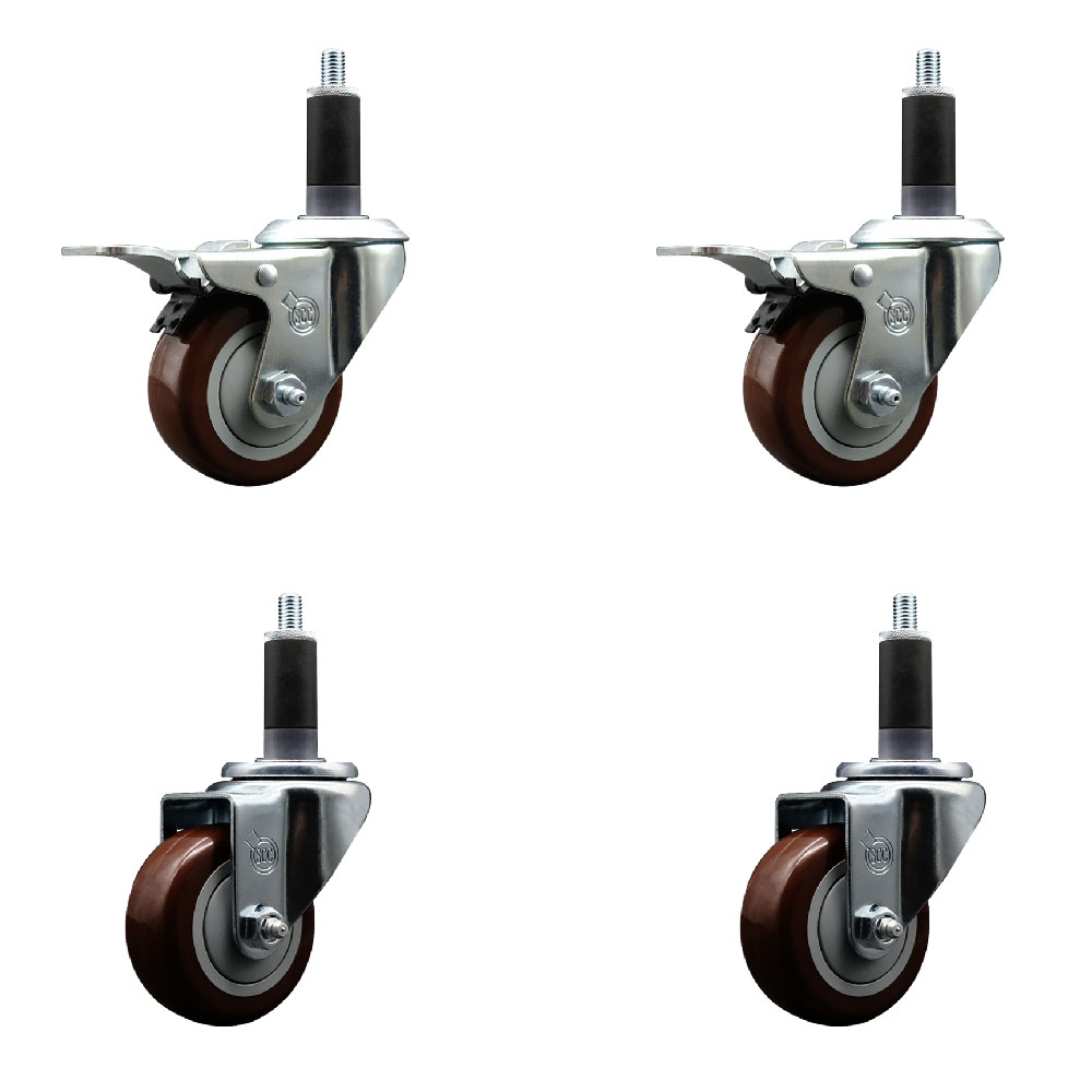 Stainless Steel Polyurethane Swivel Expanding Stem Caster Set of 4 with 3 Inch Maroon Wheels and 1-1/8" Stems - Includes 2 with Total Locking Brakes - 1200 lbs Total Capacity - Service Caster Brand — photo 1