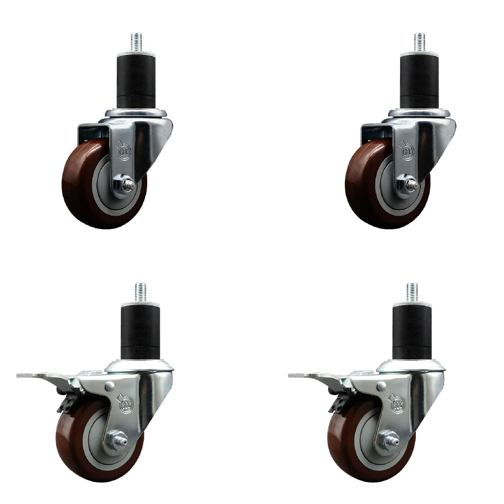 Stainless Steel Polyurethane Swivel Expanding Stem Caster Set of 4 with 3 Inch Maroon Wheels and 1-3/4" Stems - Includes 2 with Total Locking Brakes - 1200 lbs Total Capacity - Service Caster Brand — photo 1