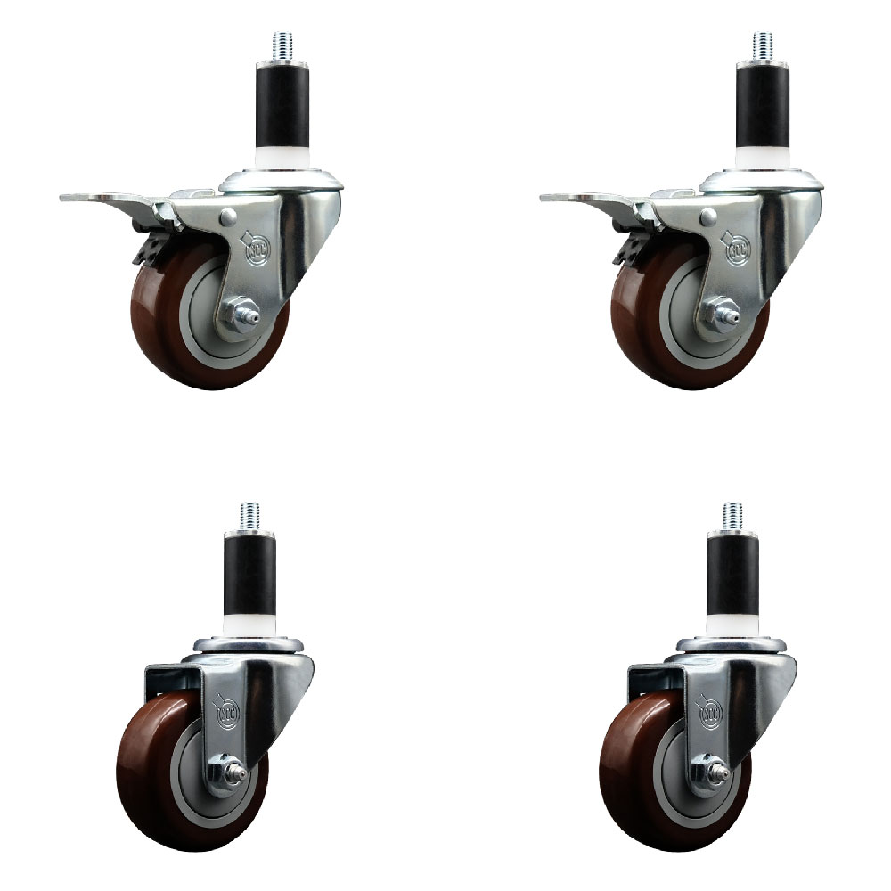 Stainless Steel Polyurethane Swivel Expanding Stem Caster Set of 4 with 3 Inch Maroon Wheels and 1-3/8" Stems - Includes 2 with Total Locking Brakes - 1200 lbs Total Capacity - Service Caster Brand — photo 1