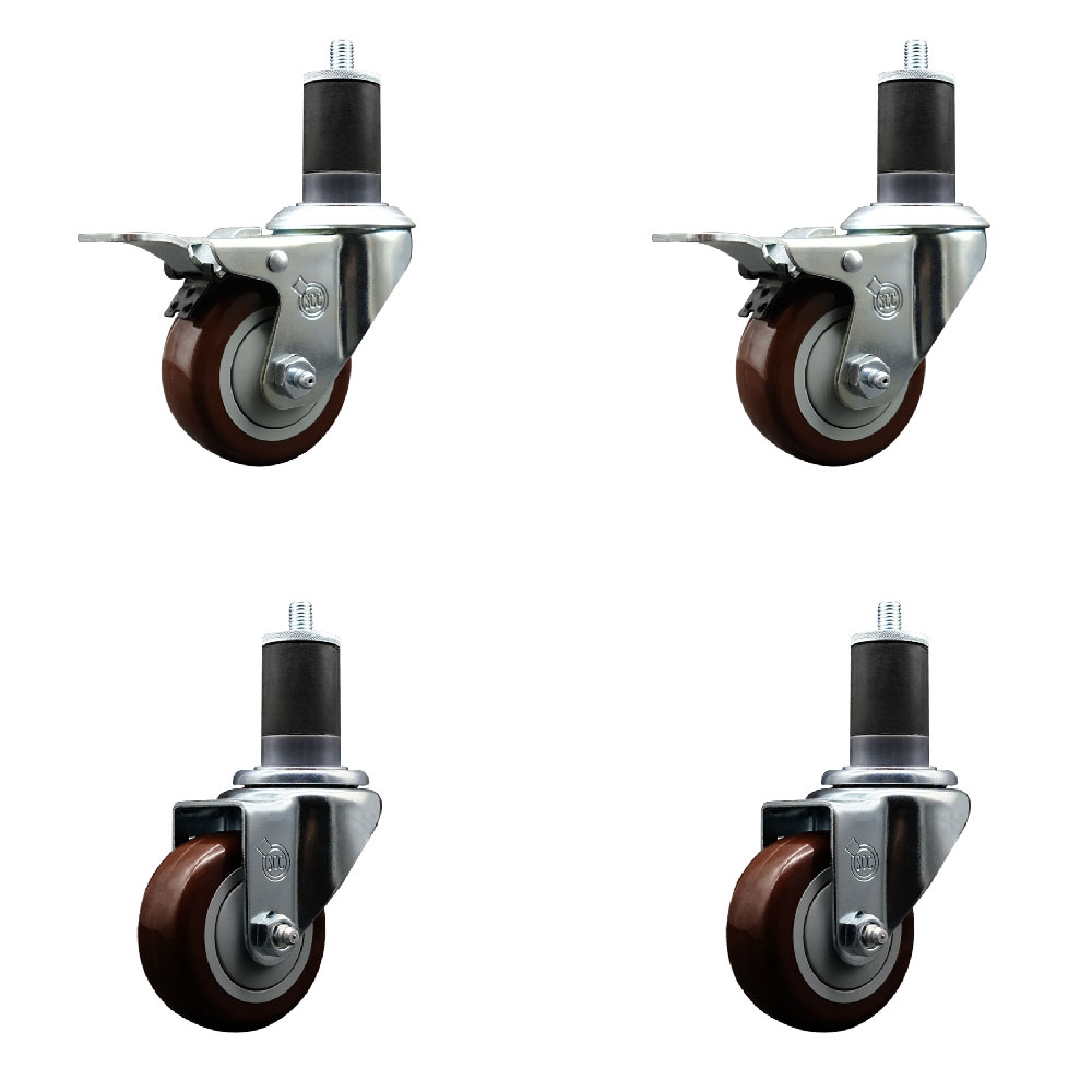 Polyurethane Swivel Expanding Stem Caster Set of 4 with 3 Inch Maroon Wheels and 1-5/8" Stems - Includes 2 with Total Locking Brakes - 1200 lbs Total Capacity - Service Caster Brand — photo 1
