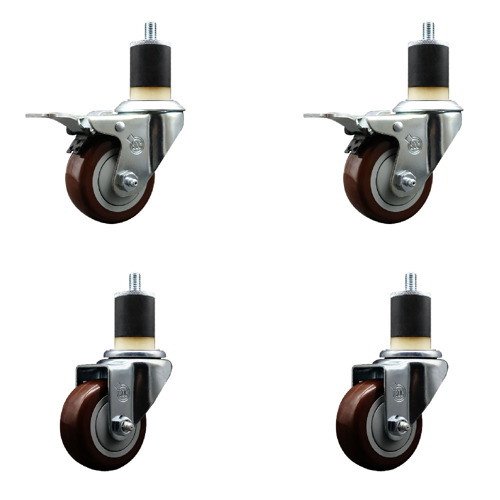 Polyurethane Swivel Expanding Stem Caster Set of 4 with 3 Inch Maroon Wheels and 1-7/8" Stems - Includes 2 with Total Locking Brakes - 1200 lbs Total Capacity - Service Caster Brand — photo 1