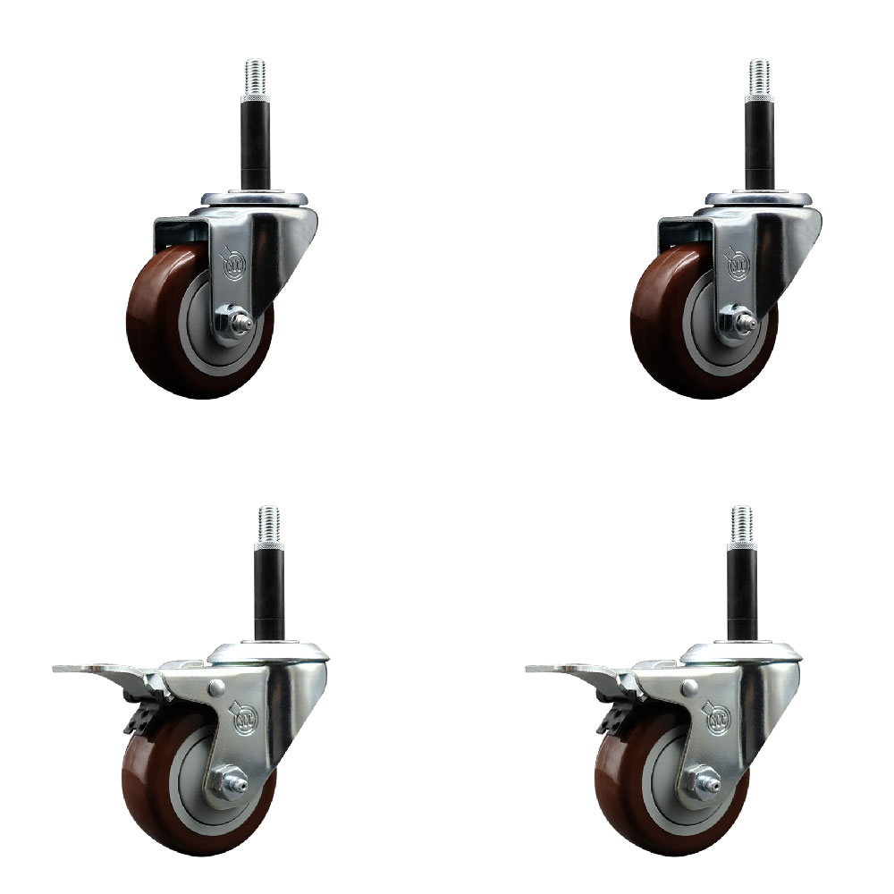 Stainless Steel Polyurethane Swivel Expanding Stem Caster Set of 4 with 3 Inch Maroon Wheels and 3/4" Stems - Includes 2 with Total Locking Brakes - 1200 lbs Total Capacity - Service Caster Brand — photo 1