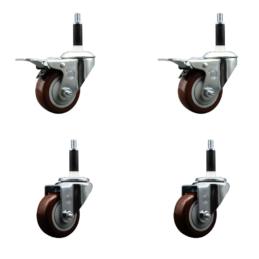 Stainless Steel Polyurethane Swivel Expanding Stem Caster Set of 4 with 3 Inch Maroon Wheels and 7/8" Stems - Includes 2 with Total Locking Brakes - 1200 lbs Total Capacity - Service Caster Brand — photo 1