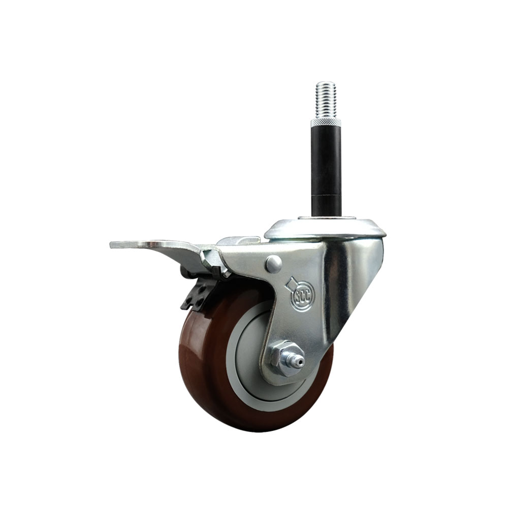 Polyurethane Expanding Stem Swivel Caster with 3 Inch Maroon Wheel and 3/4" Stem & Total Locking Brake - 300 lbs. Capacity Per Caster - Service Caster Brand — photo 1