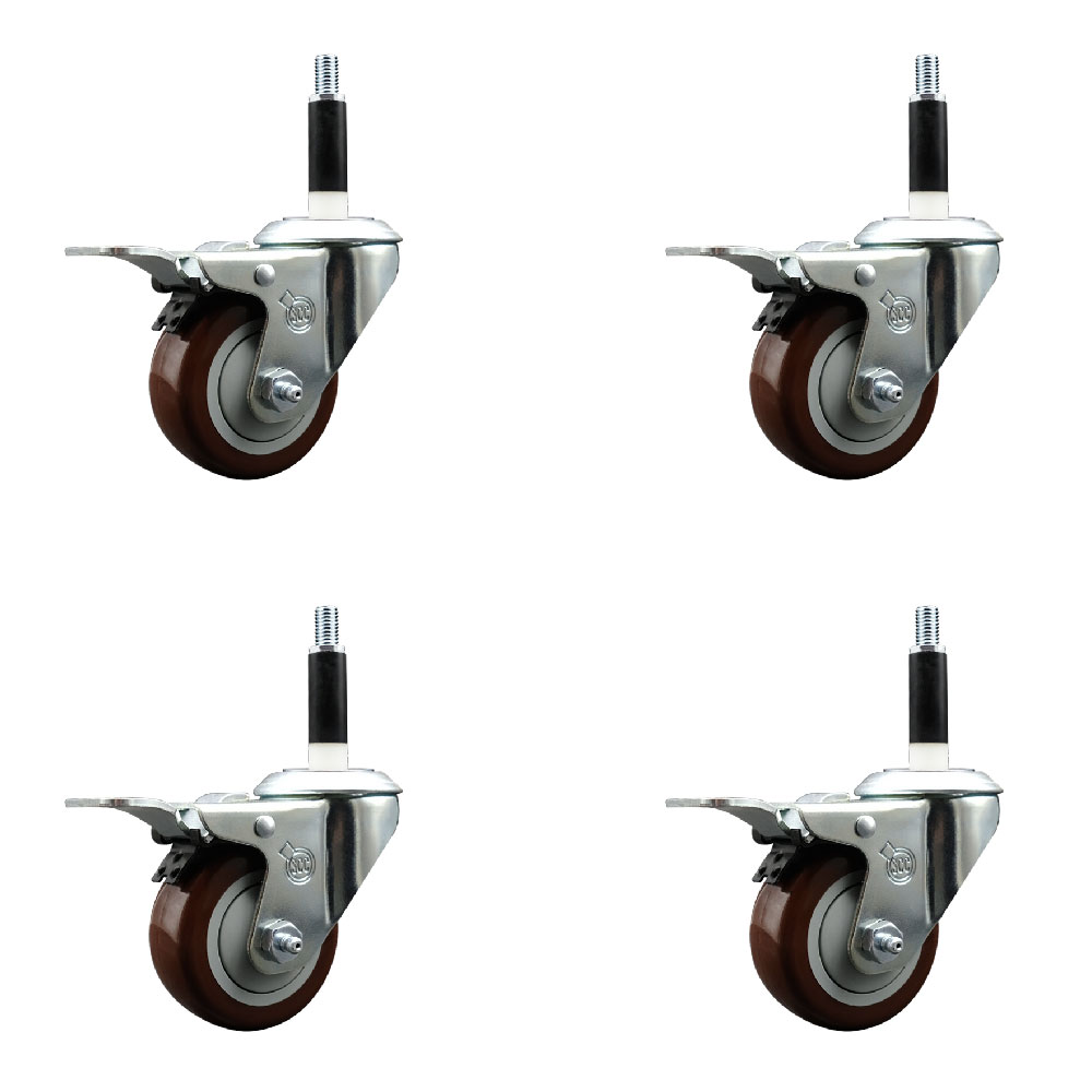 Polyurethane Swivel Expanding Stem Caster Set of 4 with 3 Inch Maroon Wheels and 7/8" Stems - Includes 4 Swivel with Total Locking Brakes - 300 lbs. Capacity Per Caster - Service Caster Brand — photo 1