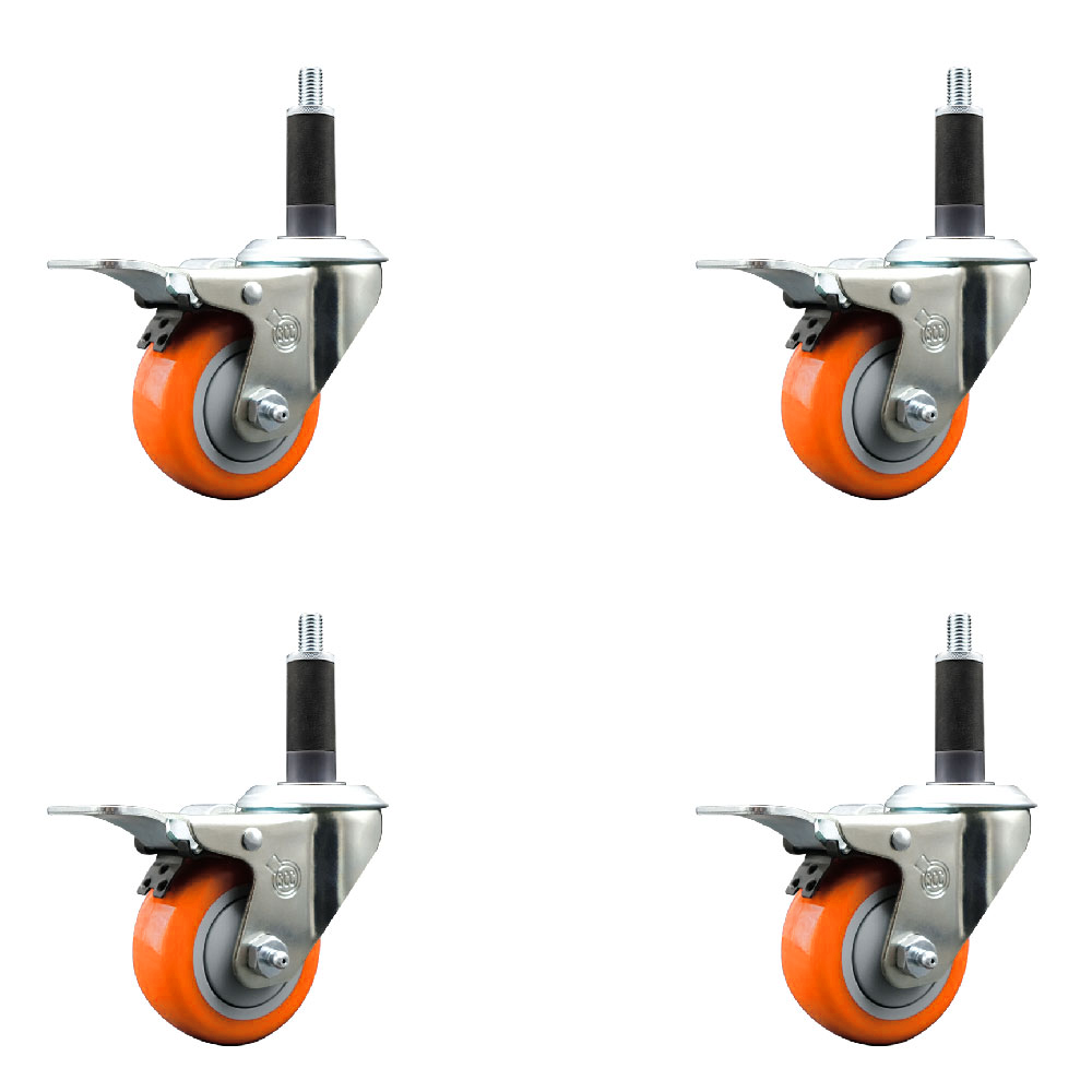 Stainless Steel Polyurethane Swivel Expanding Stem Caster Set of 4 with 3 Inch Orange Wheels and 1" Stems-Includes 4 Swivel with Total Locking Brakes-300lbs. Capacity Per Caster - Service Caster Brand — photo 1