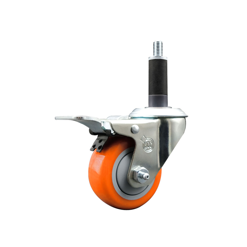 Stainless Steel Polyurethane Expanding Stem Swivel Caster with 3 Inch Orange Wheel and 1" Stem & Total Locking Brake - 300 lbs. Capacity Per Caster - Service Caster Brand — photo 1