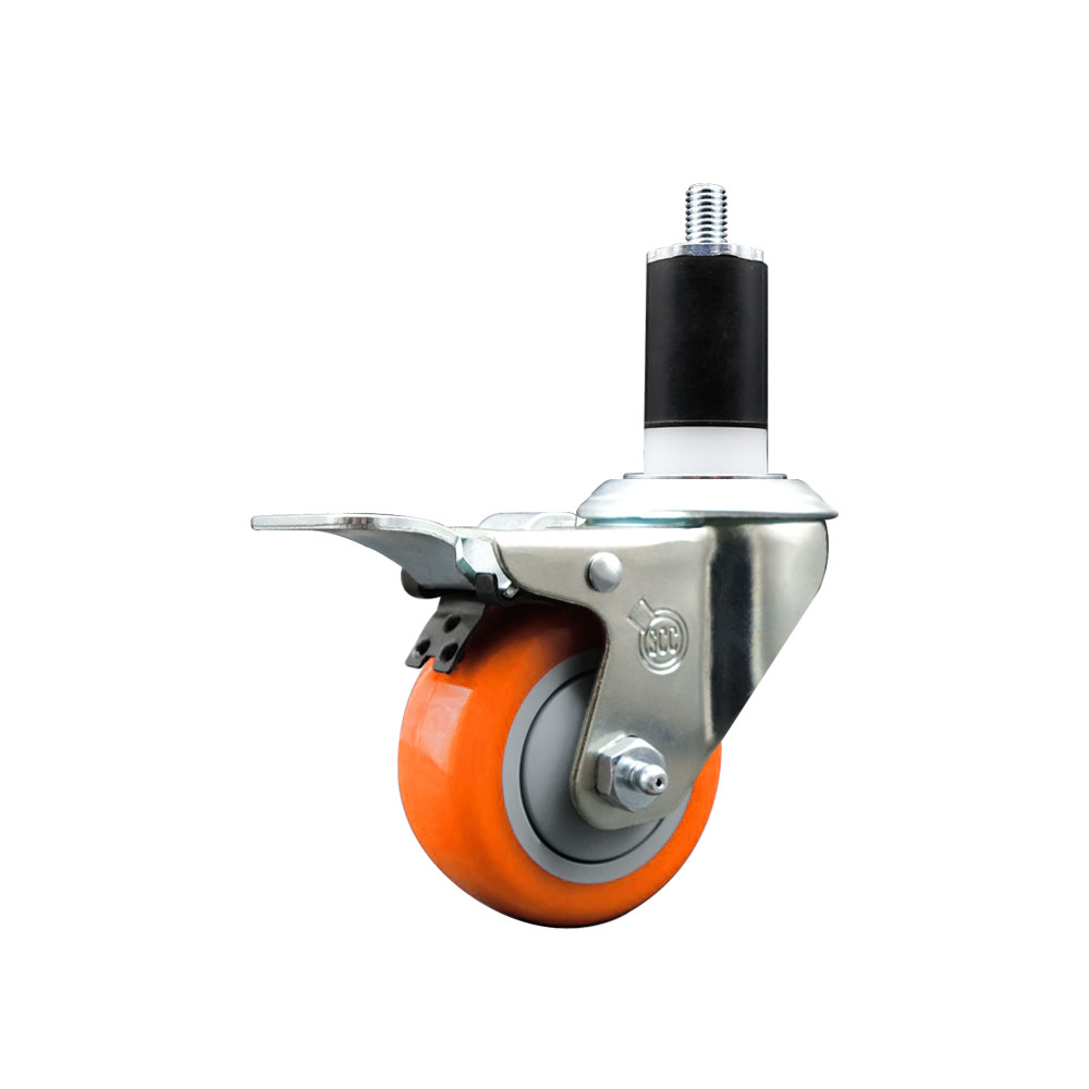 Polyurethane Expanding Stem Swivel Caster with 3 Inch Orange Wheel and 1-1/2" Stem & Total Locking Brake - 300 lbs. Capacity Per Caster - Service Caster Brand — photo 1