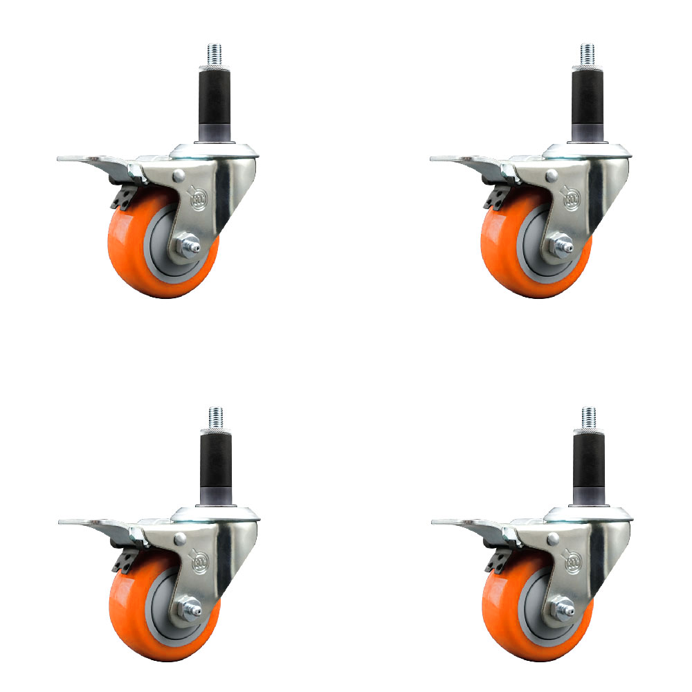 Polyurethane Swivel Expanding Stem Caster Set of 4 with 3 Inch Orange Wheels and 1-1/8" Stems - Includes 4 Swivel with Total Locking Brakes - 300 lbs. Capacity Per Caster - Service Caster Brand — photo 1