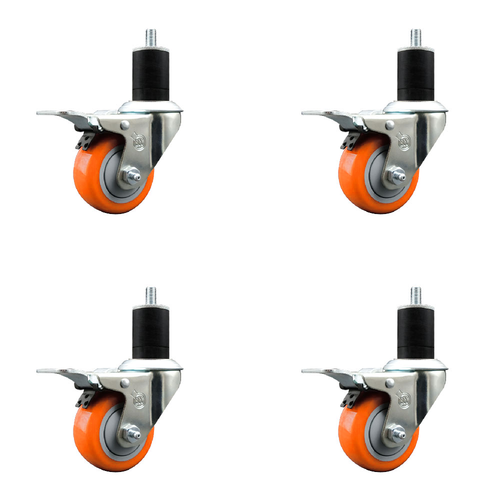 Stainless Steel Polyurethane Swivel Expanding Stem Caster Set of 4 with 3 Inch Orange Wheels and 1-3/4" Stems-Include 4 Swivel with Total Locking Brake-300lbs. Capacity Per Caster-Service Caster Brand — photo 1