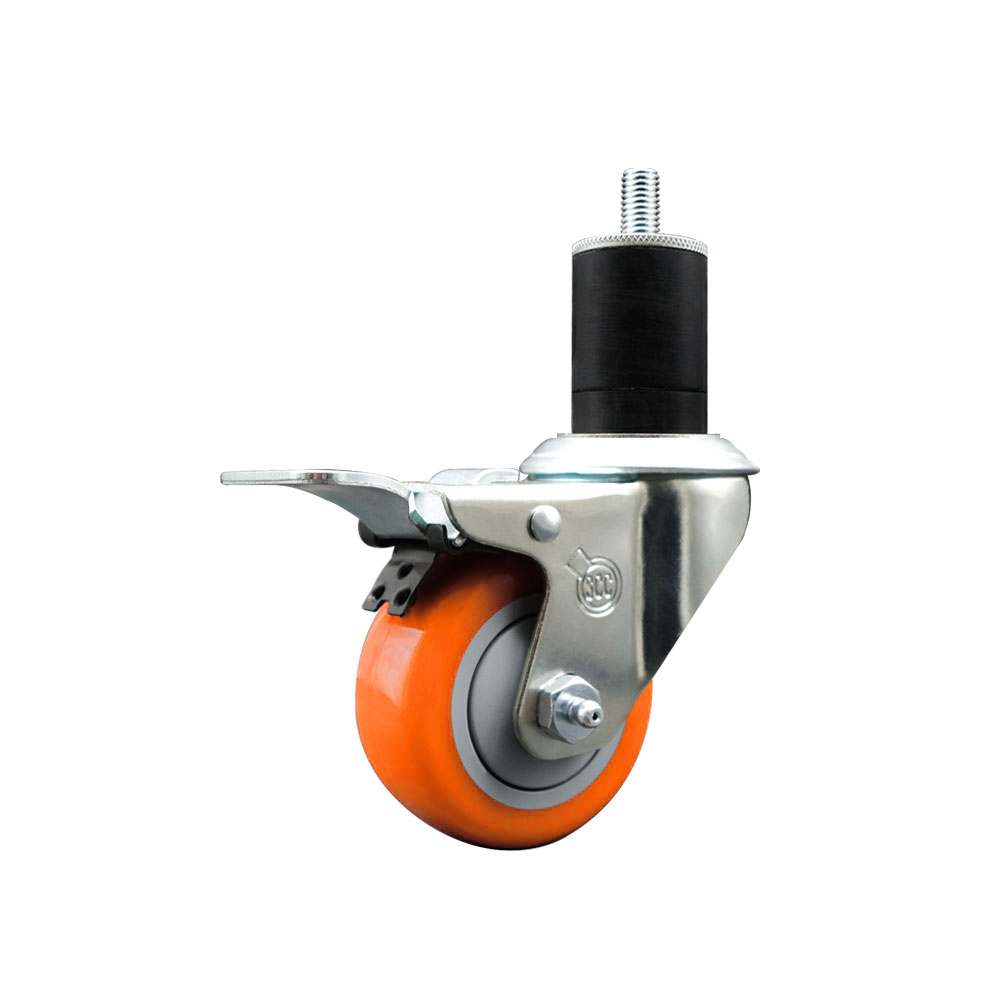 Polyurethane Swivel Stem Caster with 3 Inch Orange Caster Wheel and Total Lock Brake - 1-3/4" Expanding Stem - 316 Stainless Steel Caster - 300 lbs. Capacity Per Caster - Service Caster Brand — photo 1