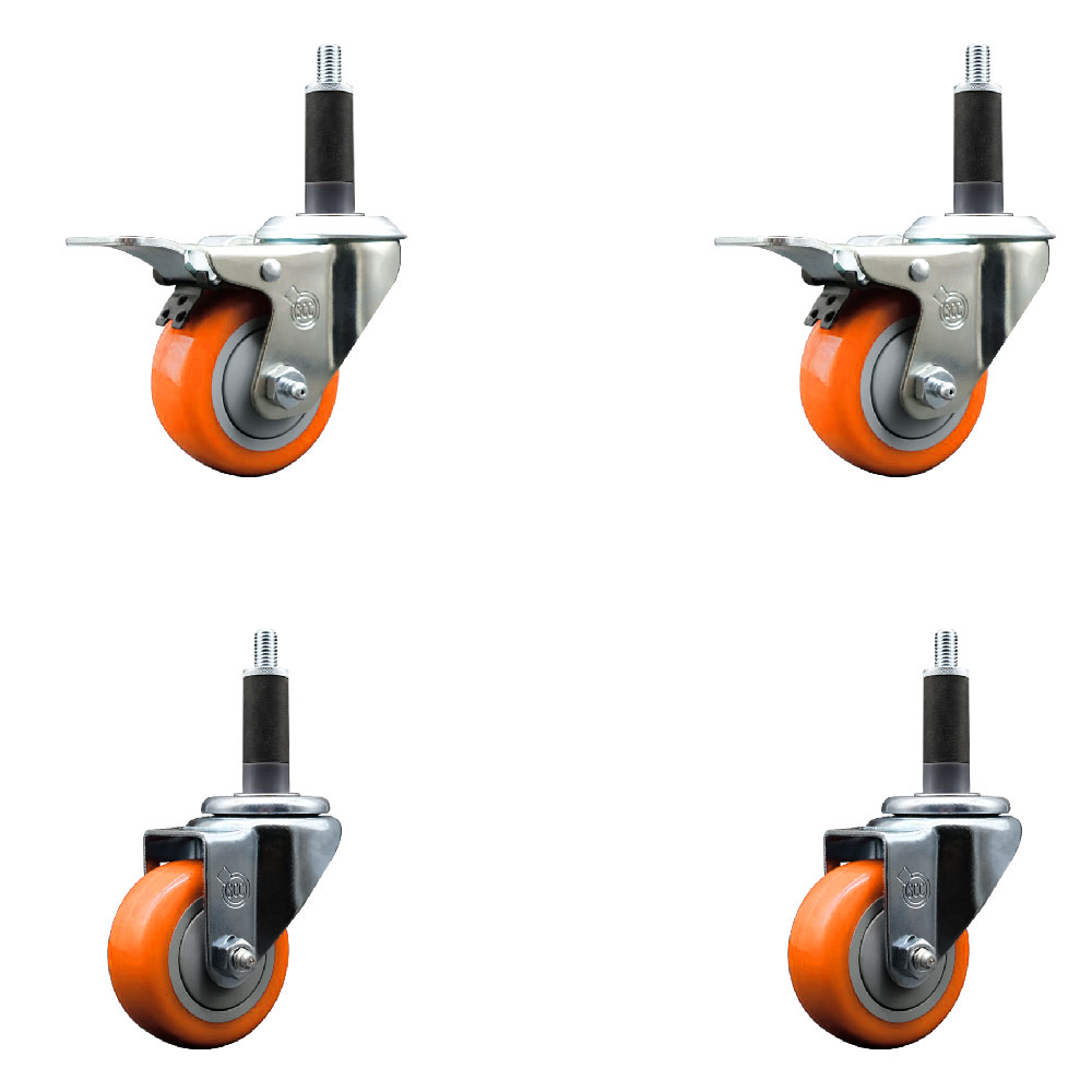 Polyurethane Swivel Expanding Stem Caster Set of 4 with 3 Inch Orange Wheels and 1" Stems - Includes 2 with Total Locking Brakes - 1200 lbs Total Capacity - Service Caster Brand — photo 1